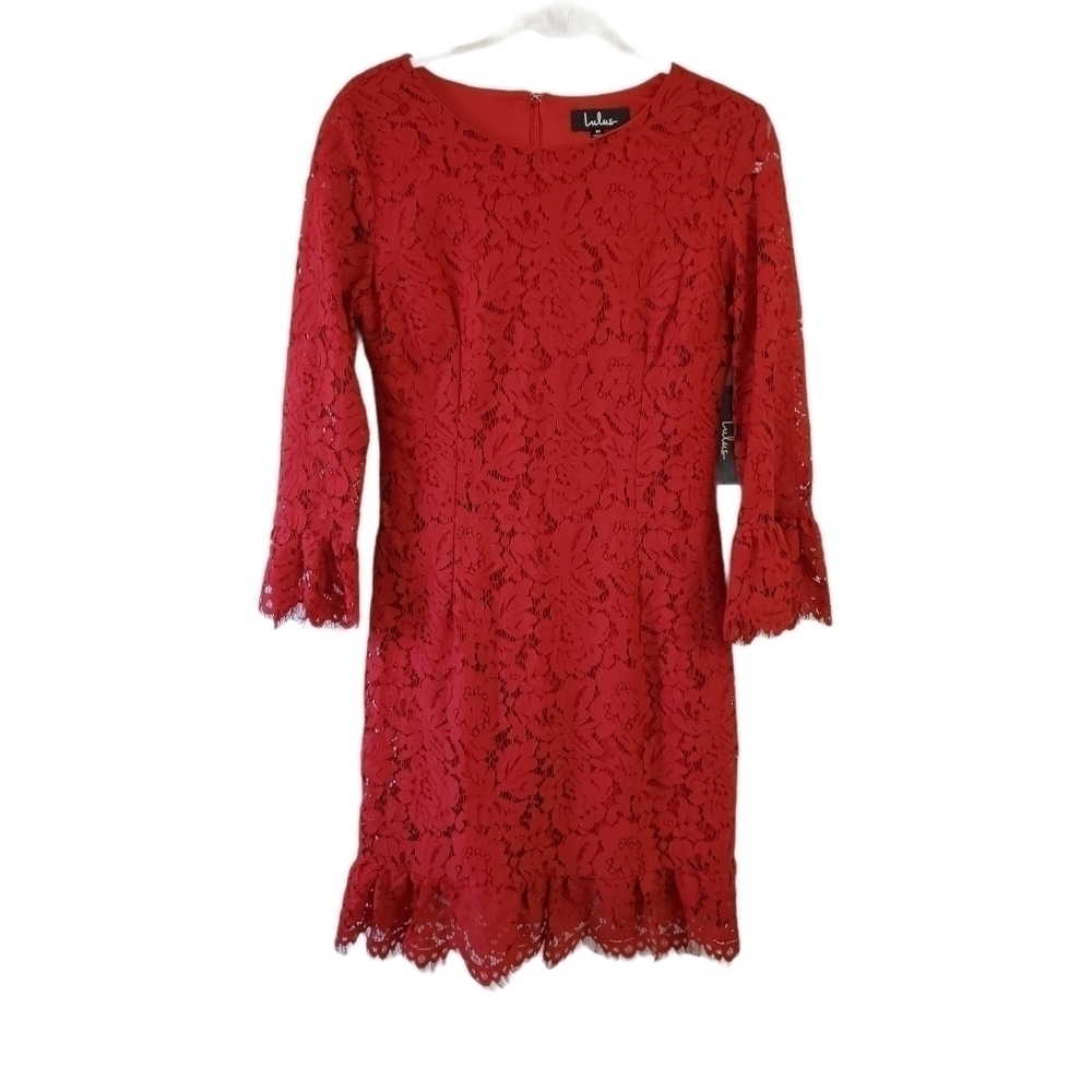 Lulu's Mini Dress Medium Red Flair-est of Them All Lace Flounce Sleeve Zip NWT
